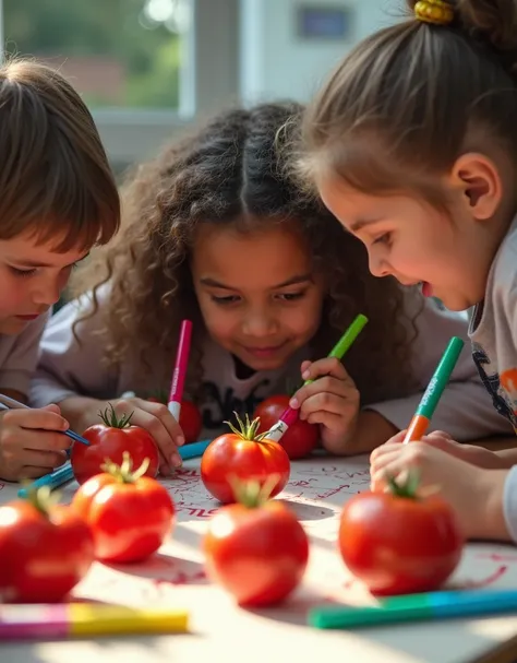 Students eagerly writing names on tomatoes with markers, some looking serious, while others are smiling mischievously. (9:16 ratio)