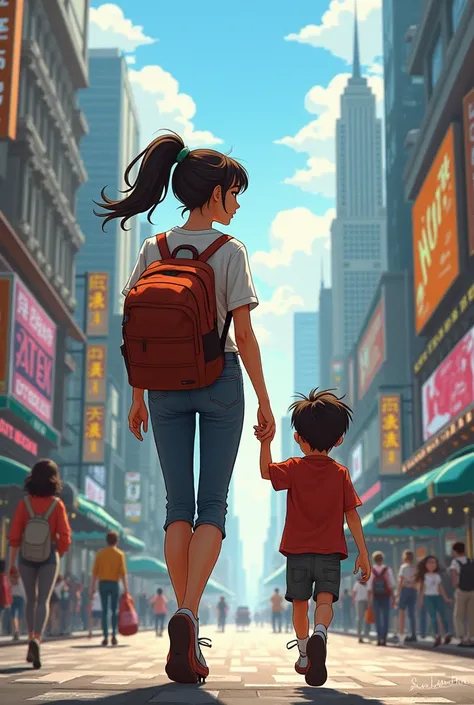 A young woman walking backwards with a boy in a city