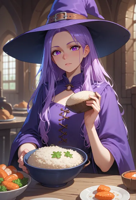 1 , Alone,  high resolution,  Long hair, Rice, purple eyes, Witch hat , medieval,Fantasy