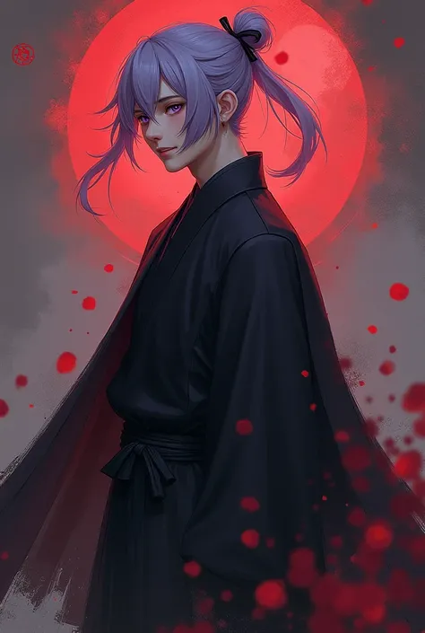 A guy with lavender hair tied in a loose ponytail. Dark lilac eyes. The guy smiles sadly. Dressed in a dark hanfu. A cape over the hanfu. Fantasy style. Impasto style. The work is done in dark tones, mainly dark red, black and white colors.