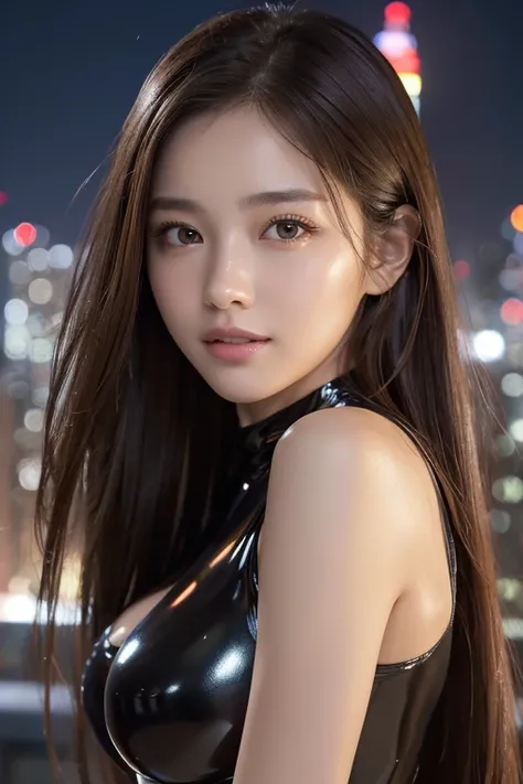 Close-up portraits of two female protagonists  、Attractive slender woman 、Upper Body View、  black metallic bodysuit standing on the roof of a building overlooking the night view of the big city  、   close-up portrait  、 latex bodysuit、Knee-high boots、 face...