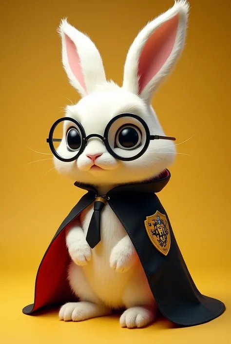  Rabbit plus poufos light yellow color with white wearing round glasses, has a black cape with griffindor emblem on it , interiorul pelerinei este roșu și aimre și o cravată neagră la gât 