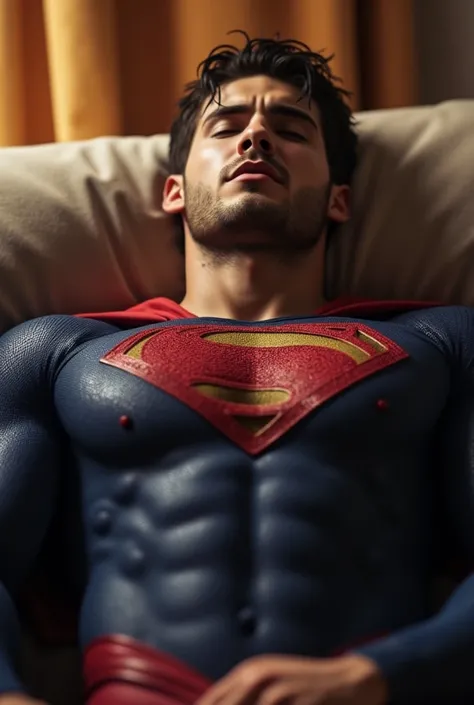 Cody Christian, muscular, tanned skin, strong physique Muscular man radiates confidence and power. wearing a Superman suit, lies on a sofa at home, pained facial expression, almost unconscious, orgasm face, eyes closed, mouth open