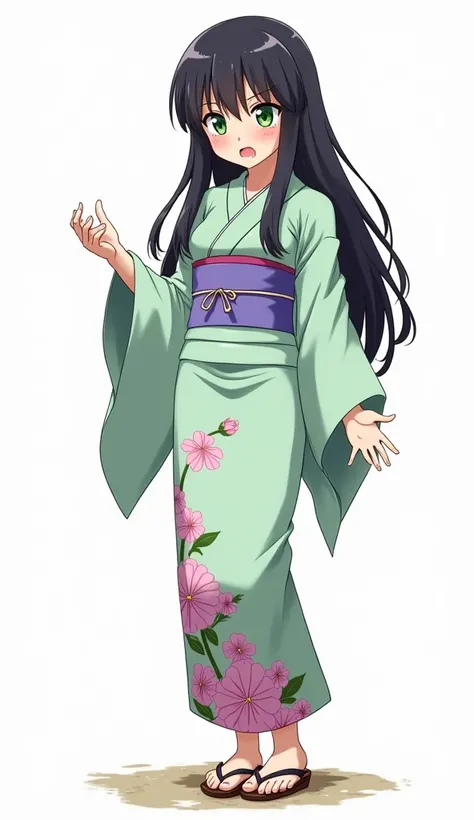  anime adolescent woman with long dark hair and emerald green eyes . She wears a light green kimono decorated with floral motifs , predominantly pink and violet ,  and a light blue obi with a purple ribbon and wearing geta shoes . His facial expression is ...