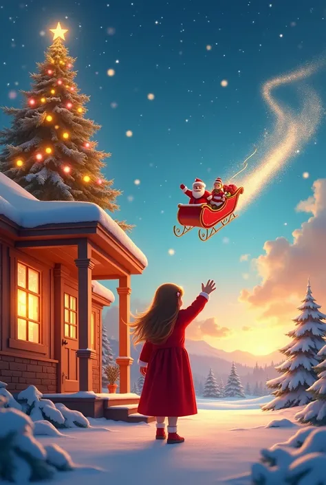 Image Prompt:
Adora Grace waving goodbye from her front porch as Santa’s sleigh flies away, sparkling against the morning sky. A glowing Christmas tree stands nearby