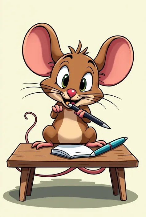 Draw me a cartoon style picture with a mouse biting a pen on the table.