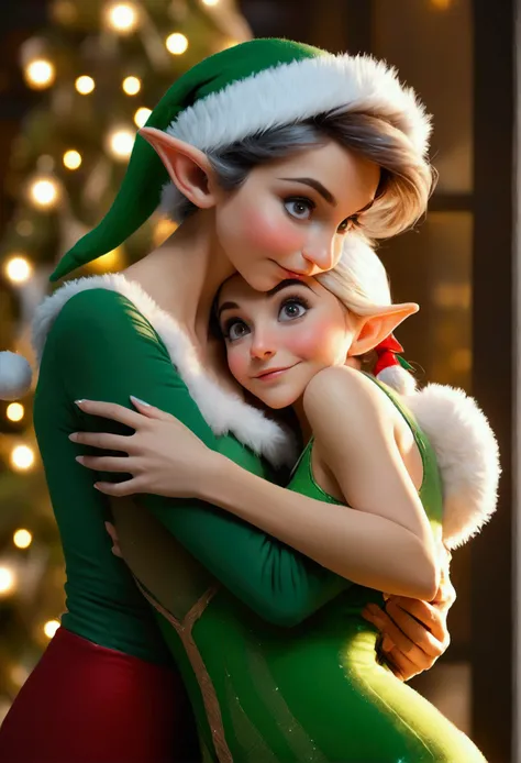 some women (age 25, sexy, sexy outfits Christmas elf, sexy Christmas elves) are deeply in love, they are hugging and kissing intimately, Christmas elves point and gasp in shock, Santas winter wonderland
