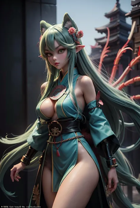 A beautiful, attractive nine tailed fox goddess girl, a native Ainu facial features, wearing cyberpunk design samurai complete armor, straight long apple green hair, multi colored clothing color, (wearing a oriental Japanese ice cold color ainu clothing,) ...