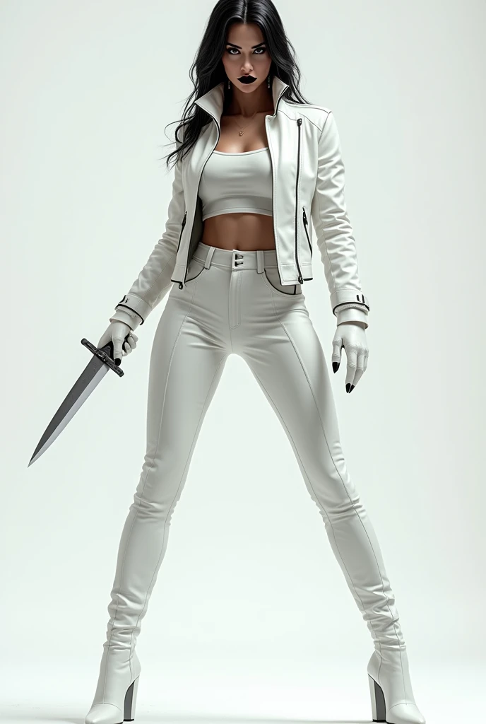 female killer in white leather max black eyes and black mouth in a white leather jacket in white leather pants wearing white leather gloves in high white leather heels in hand knife 