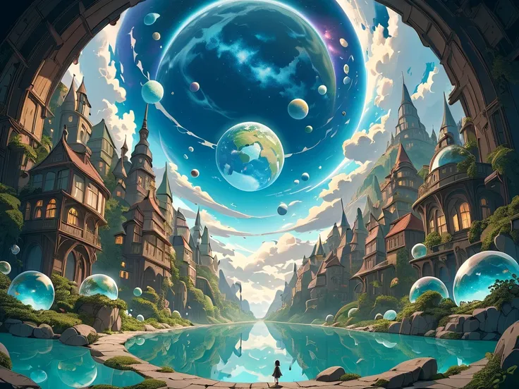 look up into outer space with vivid planet floating from a beautiful fantasy townscape, (masterpiece, ultra detailed, top quality), Studio Ghibli, PEAnimeBG.