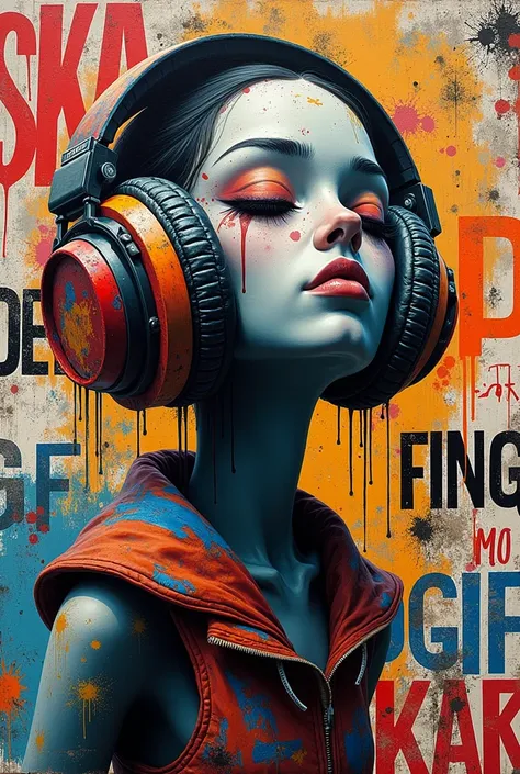 Street art painting with man wearing head phones grafitti style graphic with text on the image URBAN VIBES ONLY