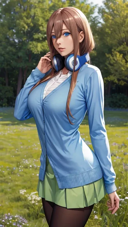 masterpiece, best quality, Blue Eyes, Long Straight Hair, Big Breasts, highres, nm1, headphones around neck, , long sleeves, blue cardigan, green skirt, pantyhose, cowboy shot, field, wariza