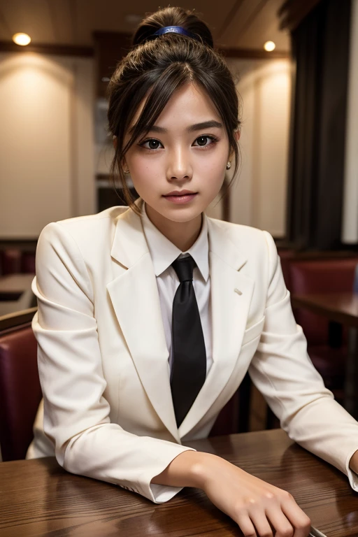  a girl with a short ponytail lying on a restaurant table wearing a formal suit,  Clean eye ,  perfect body,  (  they look at the spectator  :0.8), ( pureerosface_v1:0.2),  highlighted sleeves ,  Open mouth, fringe, 1 ,  shiny skin, ( masterpiece ;1.0), ( ...