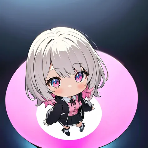  chibi_ Nendoroid . chibi. chibi、 short hair、asymmetry bangs, swept bangs.,extends hands、eyeを閉じる、   wear a black hoodie Mike 、{{{masterpiece}}}, {{{ top quality}}}, {{  super detailed }}, {beautiful detailed eye}, 1  girl, Alone, ((Grey Hair)),(bangs),   a...