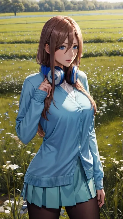 masterpiece, best quality, Blue Eyes, Long Straight Hair, Big Breasts, highres, nm1, headphones around neck, , long sleeves, blue cardigan, green skirt, pantyhose, cowboy shot, field, wariza