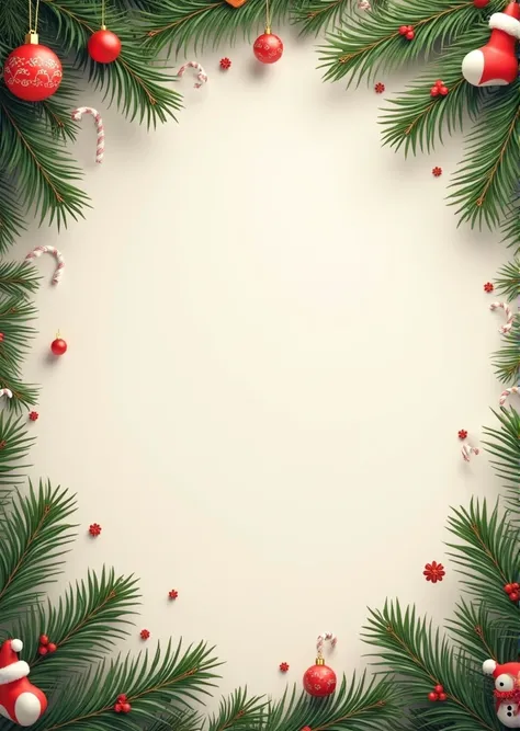 create a Christmas-themed background image ,  plain background ,  spruce branches decorated with toys and a garland peek out from the edges of the image,  cozy atmosphere 