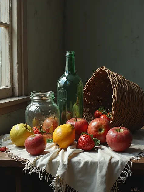 Rotten fruit, shattered bottle, destroyed basket, teared cloth