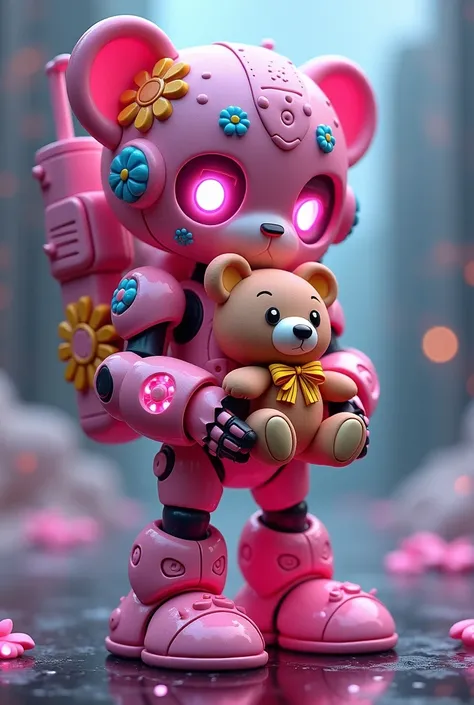 Cute girl robot holding a teddy bear. Colorful flower pattern on the body, equipped with a heavy beam gatling gun on the back, cute mood, joints and gaps glowing pink.. Hardcore machine. Latest animation style, cute pop music background, high brightness. B...