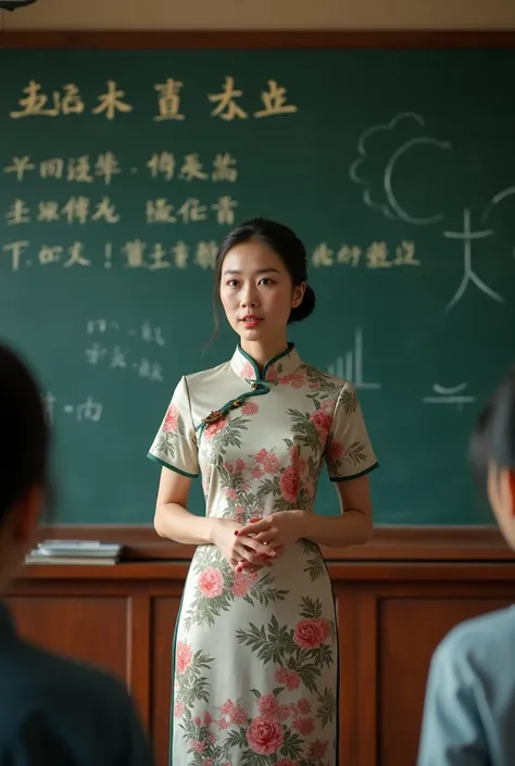  of a female Chinese teacher giving a lecture in front of a blackboard，Dont show a cartoon image of the students 