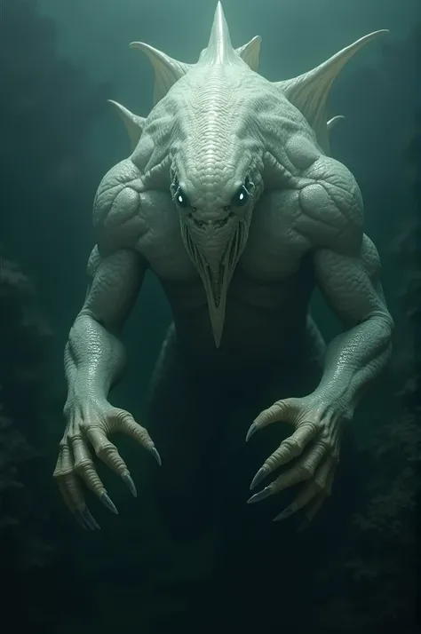  The Black Lagoon Monster ,  with a bulging neck of white , white eyes, hands with sharp garris ,  fish scales all over its body and a crest that falls from head to back