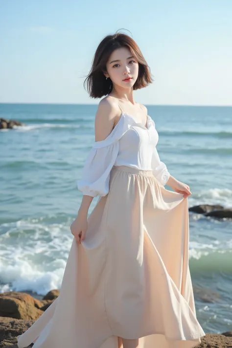 A girl with a Korean face,25 years old，Full body shot，reality，pretty，Long skirt，Seaside environment
