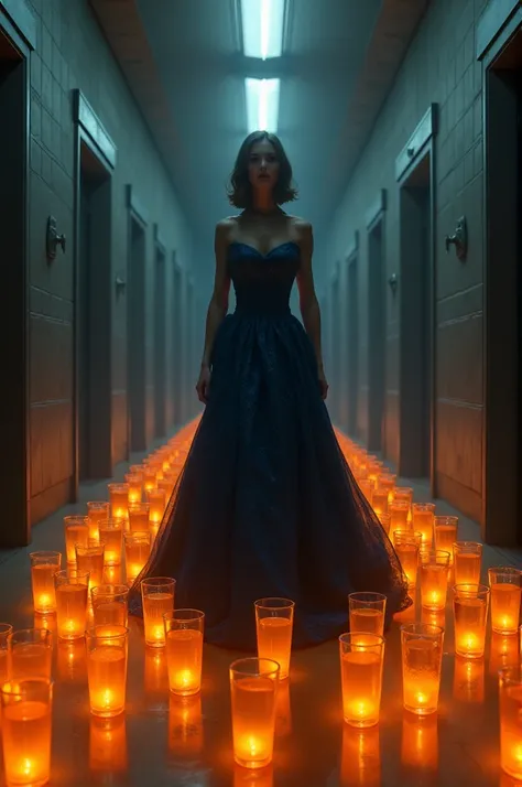 A lady wearing dark blue ballgown walk into the mortuary. The floor filled with glasses with orange juice