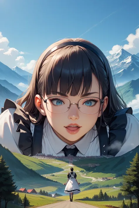 Fighting an army of midgets,face down　continent size giantess,gigantic boobs,slender, Bigger than a mountain,,black hear maid,big titis,japanese anime,crush city,glassese、