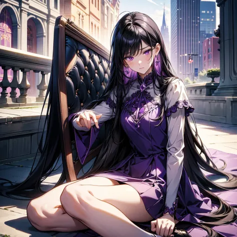 masterpiece, Best Quality , high resolution,Perfect light and shadow,8k wallpaper,illustration, ray tracing , a lovely girl,black hair,Long straight hair, Purple Eyes,Full body portrait, Magical Girl ,mini dress,a purple gemstone,Sitting sideways,City,roof