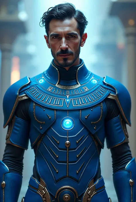 Tesla is wearing blue Egyptian armor