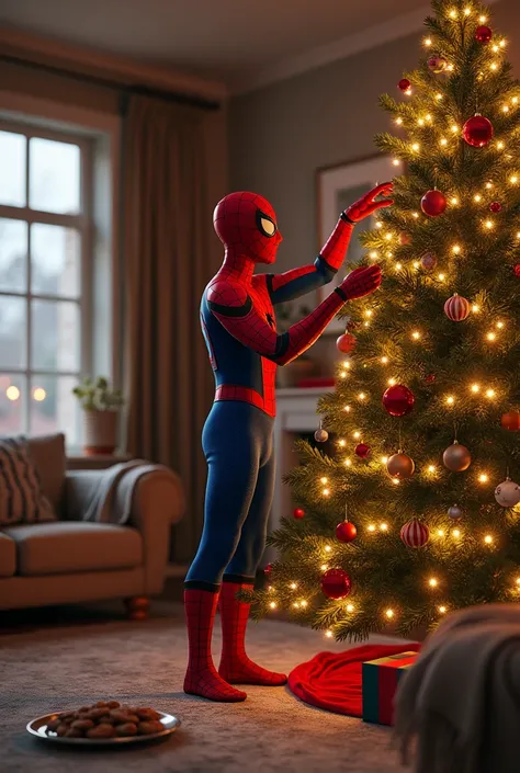 Spider man decorating Christmas 🎄 tree with s at home