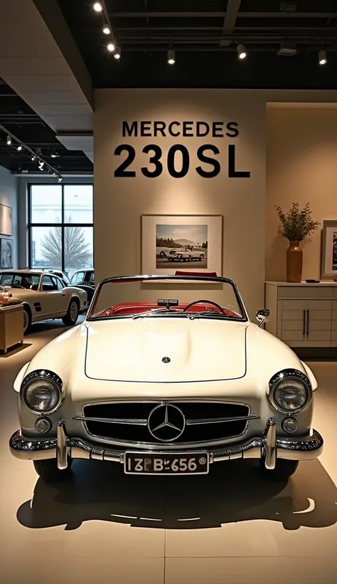 A 1963 white Mercedes bens 230 SL in a vintage Mercedes retail and the text above the car “Mercedes 230SL” in large letters 