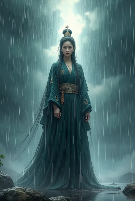 Draw a strong rain shower from the sky but not a drop around the sacred Korean woman