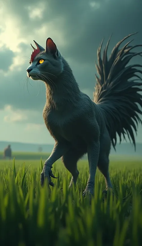 A cinematic depiction of a hybrid creature combining features of a rooster and a cat, set in a rice field with an ominous atmosphere. The creature has the muscular body of a cat, with fur that transitions into glossy, feathered wings. Its head is a blend o...