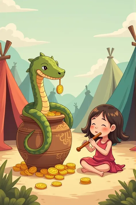 Cute cartoon image with sweet color tones. In the image, there is a snake holding a lucky gold coin emerging from an ancient jar. Around the jar there is a lot of money. Next to the jar is a young girl playing a flute. Behind the  are camping tents of vari...