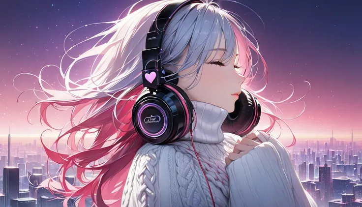 REALISTIC LIGHTS AND SHADOWS ,  Vivid ,  top quality , masterpiece, profile.  upper body shot.  HER HAS OVERSIZED ,  thick white sweater .  cable knit.  listening to music with headphones,Drop your shoulders.  her hands are attached to headphones .  her ey...