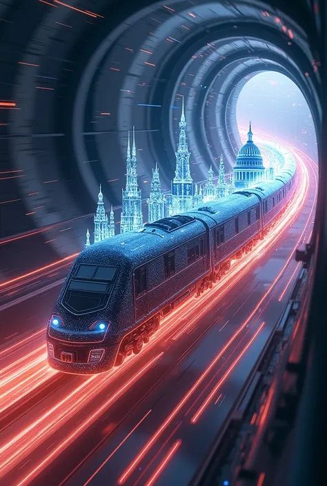 science-fiction, realistic. glowing shadow of cyber-punk train flying in the cosmic space very spirally and dinamically and breaking many layers of the dimension, with many beautiful light trails spiraling. many historical landmarks in the world are displa...