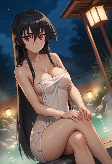 1girl,solo, akame, long hair, black hair, red eyes, hair between eyes,shiny skin, wet,sexy pose, cleavage, naked towel, towel, towel around body, towel covering body, covered by towel,Medium breasts,onsen, siting,crossed legs,arched back, hands on knees, n...