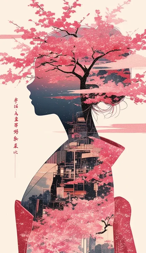 A collage art of women in yukata. The backdrop of a scenic sakura forest in Japan inside the womans silhouette. Background of japanese sakura design patterns.