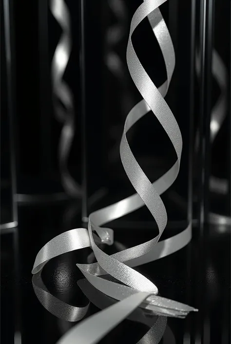 Create an image for commercial use with several Italian silver ribbons and with black colors with good lighting, elegance, luxury, display cabinets .