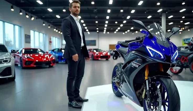 Wide-angle shot of the showroom with bright lighting and sleek car and bike displays.

Host walks into the frame, standing next to the 2025 Yamaha R3R, introducing the channel Car Updater.

Host speaks about the channels focus on delivering the latest upda...