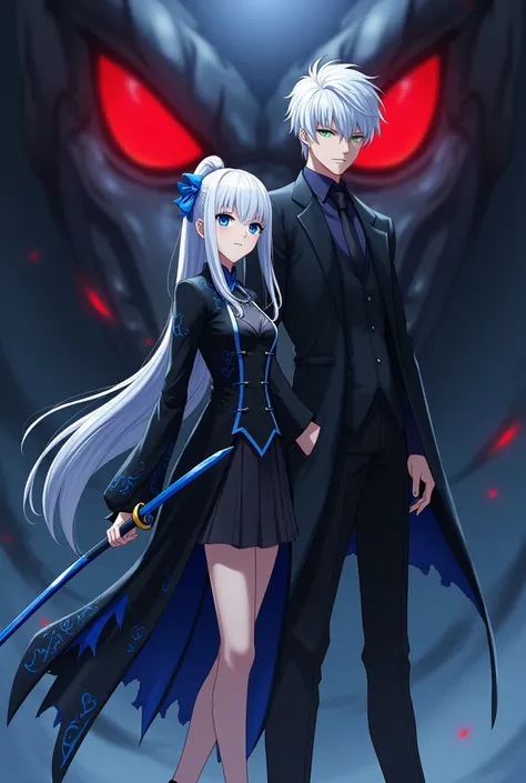 A princess with her hair tied in a long black and blue tail with blue eyes and a Makoto Mizumi style costume with a black calsa and a long black blue sleeve, black princess heels, black anime version who looks serious and who is posing for the camera and w...