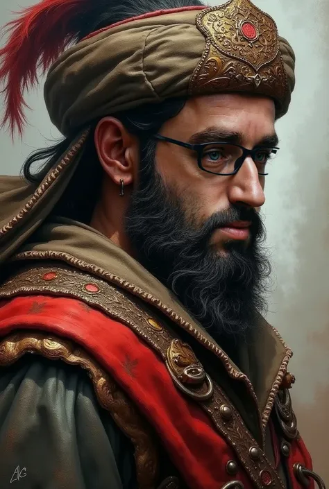 An Ottoman Janissary head, with Janissary hat, aggressive with a long scar over the eye and eyebrow, with Islamic takke and sarik behind the head, painting style