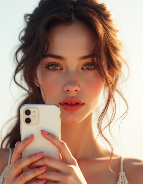 a young woman, 22 years old, holding a white smartphone, smiling, isolated on a white background, beautiful detailed eyes, beautiful detailed lips, extremely detailed face and skin, long eyelashes, elegant pose, natural lighting, high-quality digital paint...