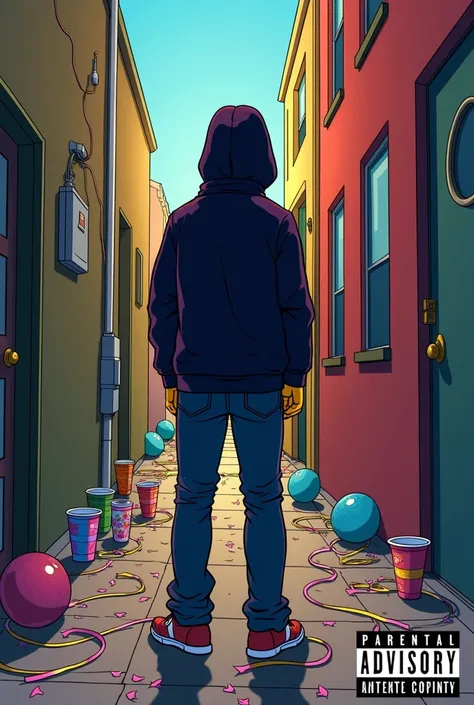 The silhouette of a man with his back turned in a hoodie and jeans with his hoodie on his head in the middle of an alley with party cups, balloons, and streamers on the floor in a nonrealistic, cartoonish style that resembles the Simpsons style. The title ...