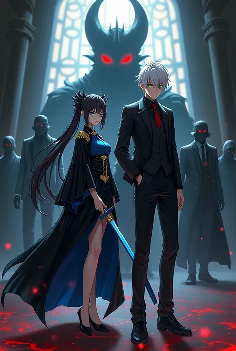 A princess with her hair tied in a long black and blue tail with blue eyes and a Makoto Mizumi style costume with a black calsa and a long black blue sleeve, black princess heels, black anime version who looks serious and who is posing for the camera and w...