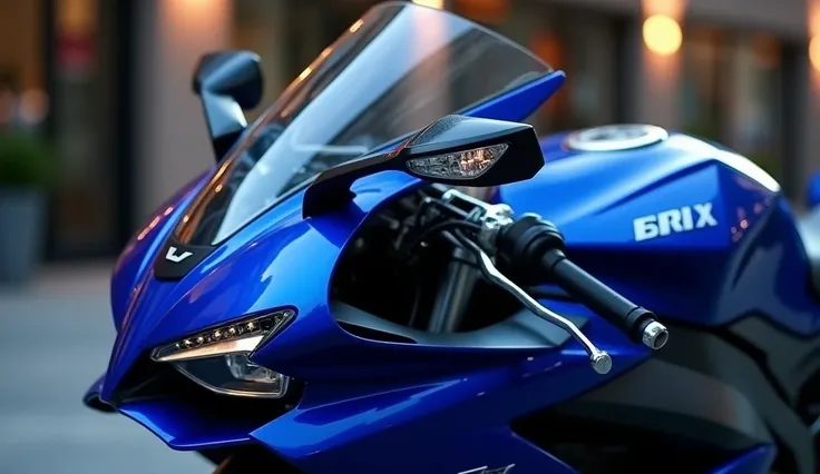 Close-up shots of the bike’s aerodynamic design, sharp edges, and LED lighting.

Host describes the bikes sleek, modern look and highlights the improvements in its styling.

Pan shot of the bike from front to rear, emphasizing its sporty build,Blue Shiny C...