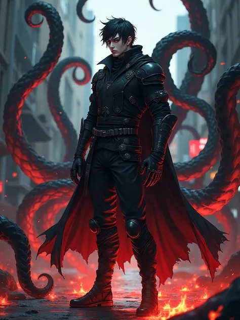 Bloodeyed anime male warrior in a gothic combat suit， strong body， Handsome，Turn sideways，There is a flame under your feet，Standing on the streets of the end ，Twelve giant black tentacles grew from behind him，Horror atmosphere