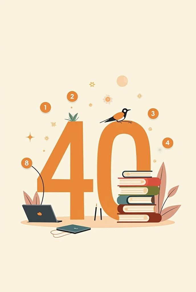 "Flat illustration, the number 40 in a simple design, with ten objects around representing life lessons, using a soft color palette"

"Minimalist style, ten numbered objects, each representing a learning, placed in a clean composition, using warm and flat ...