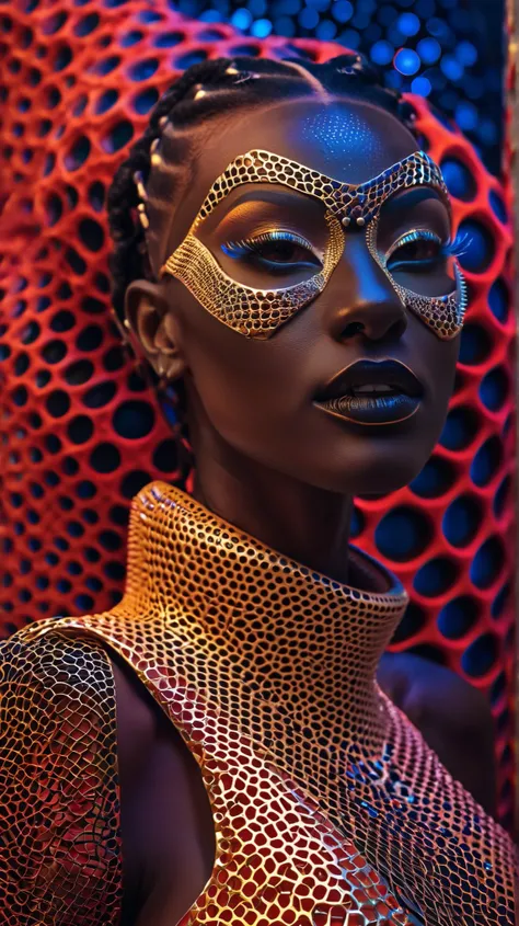 ivory skin covered with black embossed scales holes, hole, spikes, trypophobic incandescent abyssopelagic plasma Bioluminescent surreal futuristic cybernetic neonwired alien fashion, metallic , inspired by spiral galaxy, honeycomb, fancy red and golden com...
