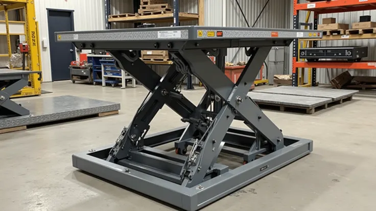 An industrial setting with a low-profile lift table in use. The table is lifting heavy parts from the ground to a more accessible height, showing its low profile and high load capacity. The image should emphasize the rugged construction of the lift table a...